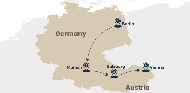 map of the central europe tour history & majesty in berlin, munich, salzburg and vienna by Rail Escape