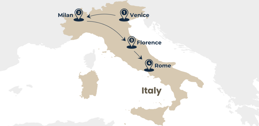 map of the tour italian treasures from venice to rome via milan and florence by rail escape