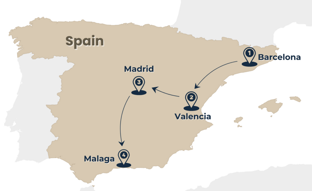 map of the mediterranean tour through sunny spain from barcelona to valencia to madrid with final in malaga by rail escape