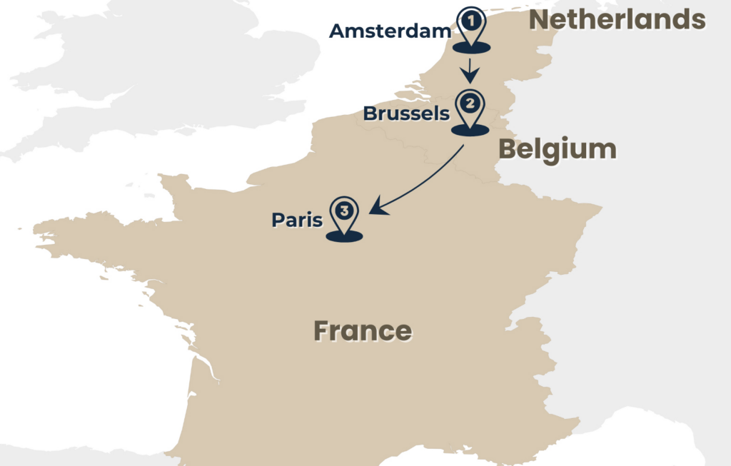 map of the tour benelux breeze amsterdam to paris via brussels by rail escape