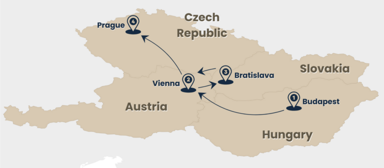 map of tour danube dreams budapest to prague via vienna and Bratislava by Rail Escape