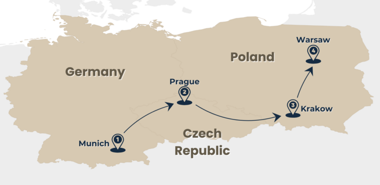 map of tour east europe explorer munich to warsaw via Prague and Krakow by Rail Escape