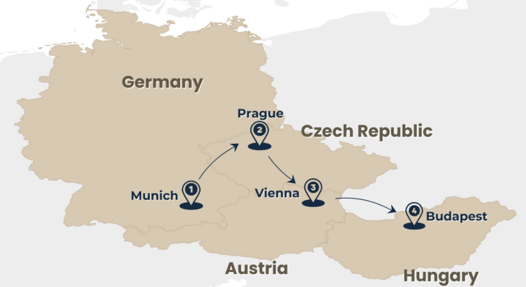 map of tour eastern gems imperial cities from munich to budapest via prague and vienna by rail escape