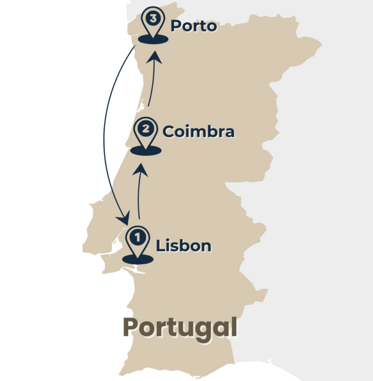 map of the tour Highlights of Portugal from Lisbon to Porto via Coimbra by Rail Escape