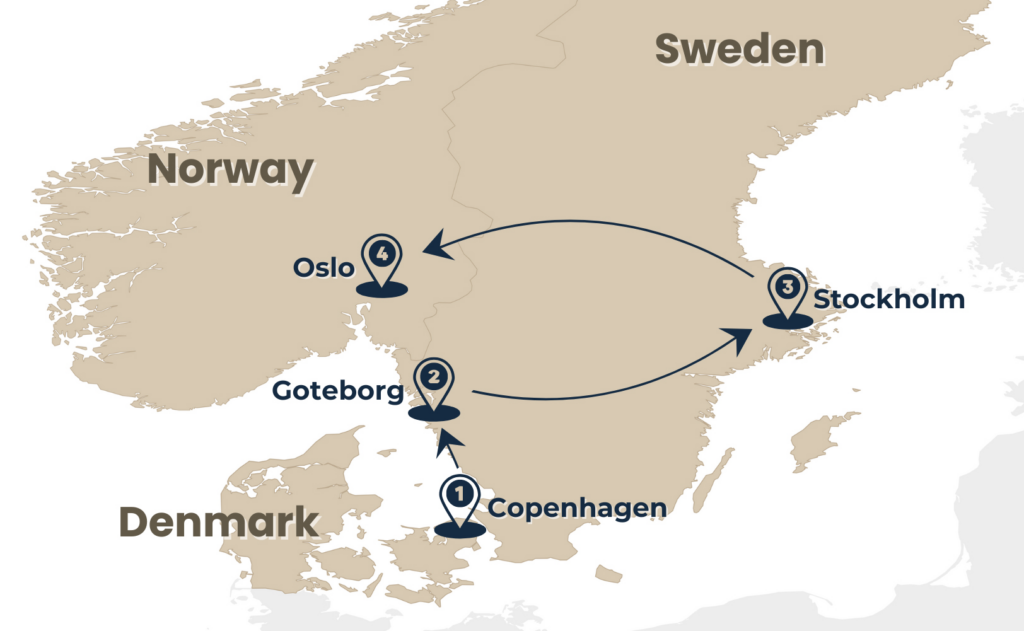 map of the tour highlights of scandinavia nordic capitals includin copenhagen, goteborg, stockholm and optional oslo by rail escape