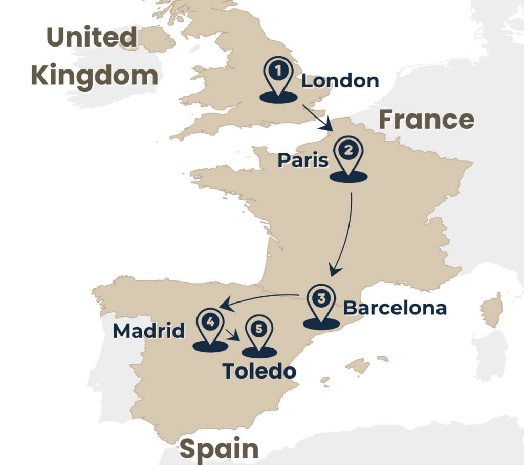 map of tour highlights of south west europe from london to paris to madrid via Barcelona by Rail Escape