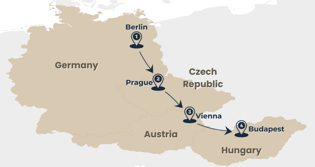 map of tour historic heartland berlin to budapest via Prague and Vienna by Rail Escape