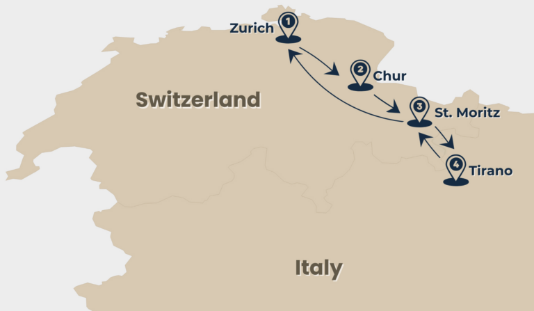 map of the tour scenic switzerland including the Bernina Express from Zurich via Chur to St Moritz and Tirano by Rail Escape