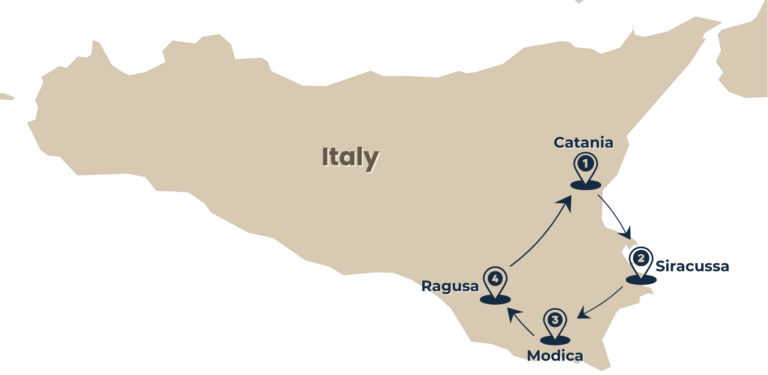 map of the tour sicily roundtrip catania & beyond including Siracussa, Modica and Ragusa by Rail Escape