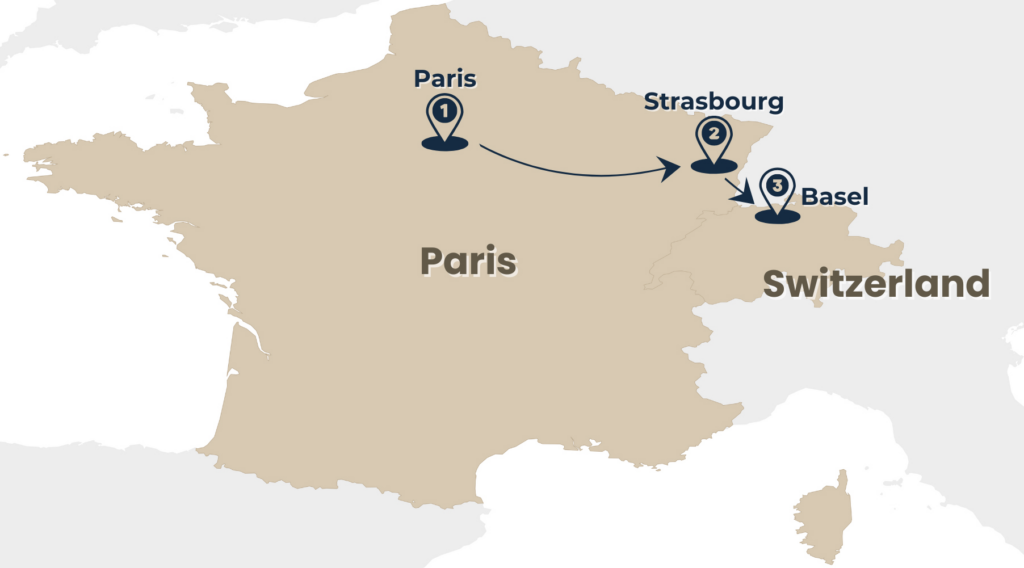 map of the tour swiss and french delights paris to basel via strasbourg by rail escape