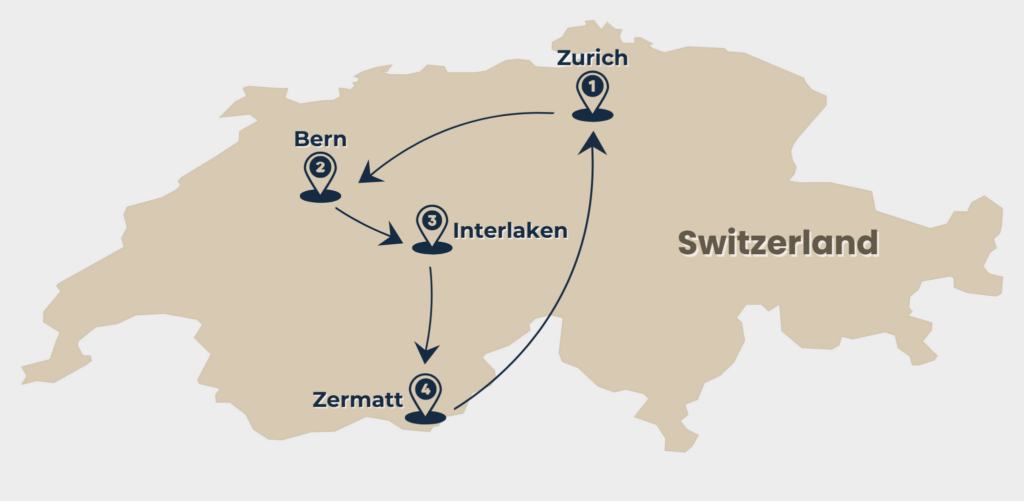 map of tour swiss peaks alpine adventure thorough switzerland from Zurich to Bern and Interlaken and finally Zermatt by Rail Escape