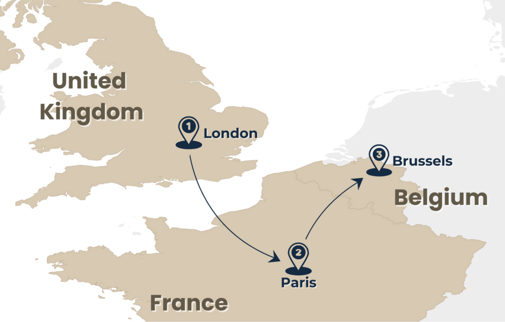 map of the tour western capitals from London to Brussels via Paris by Rail Escape