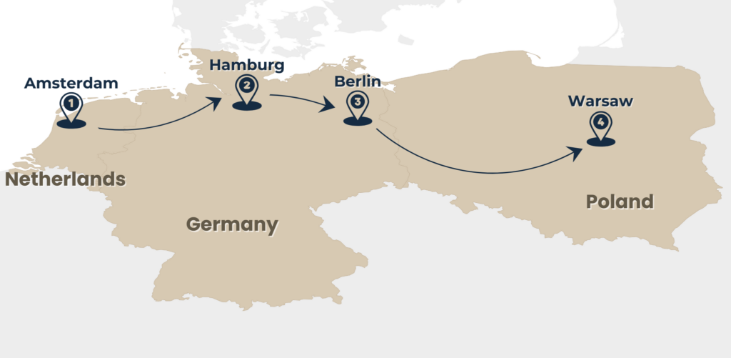 map of tour northern highlights amsterdam, hamburg, berlin and warsaw by rail escape