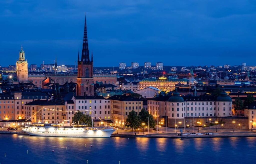 view on the city centre of stockholm from the other river site by night