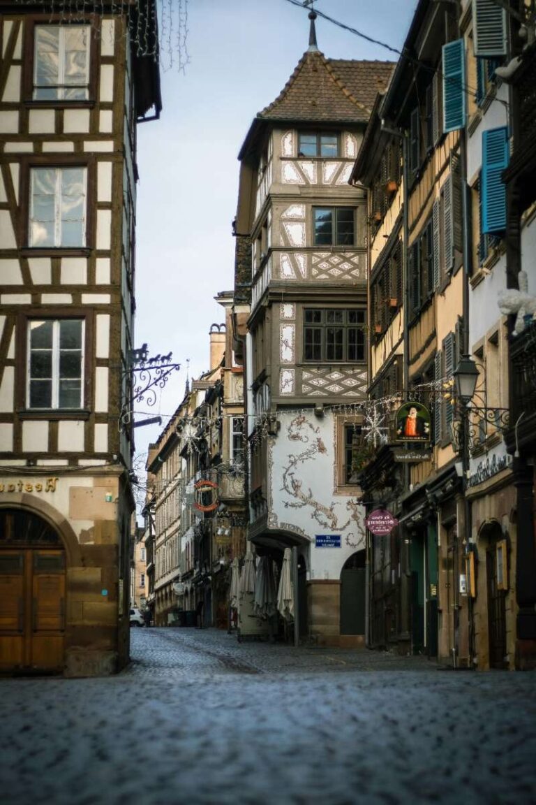 Street view in Strasbourg with historic half-timbered buildings