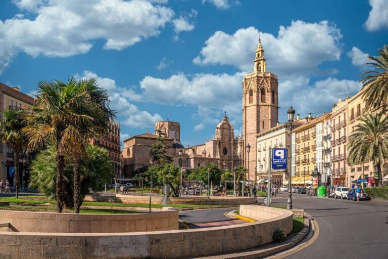 famous plaza de la reina in Valencia with the cathedral in the back