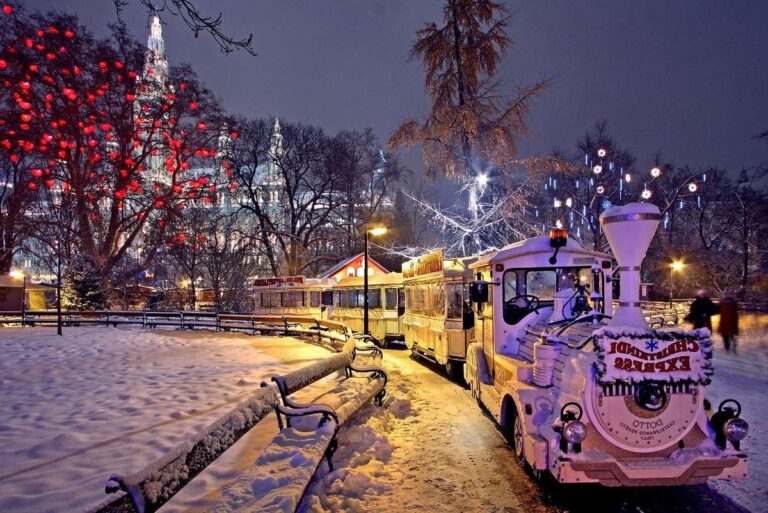 Vienna Christmas market with a festive train and glowing lights at night