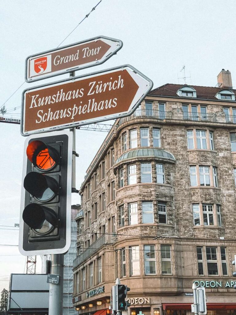 Directional signs for Kunsthaus and Schauspielhaus in Zurich's city center