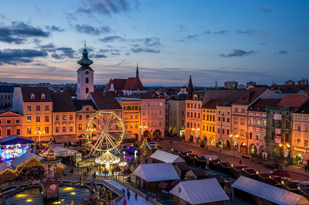 A Christmas Market on the square of Ceske Budejovice (Budweis) in the Czech Republic