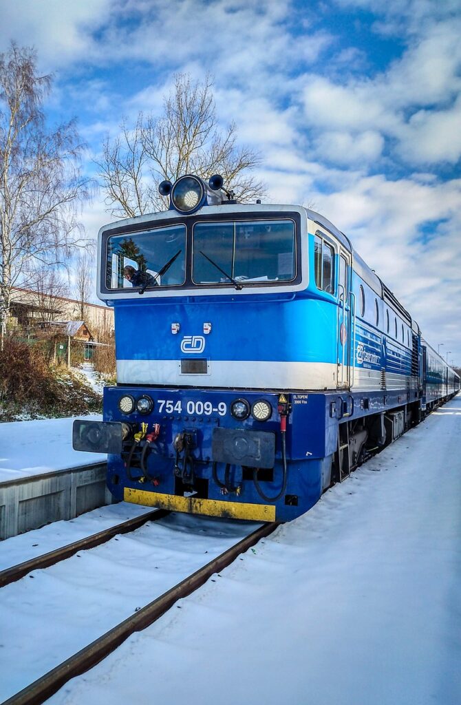 Czech passenger train during winter