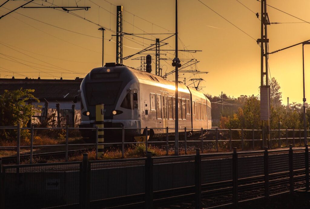 Hungarian train MAV travelling during sunset