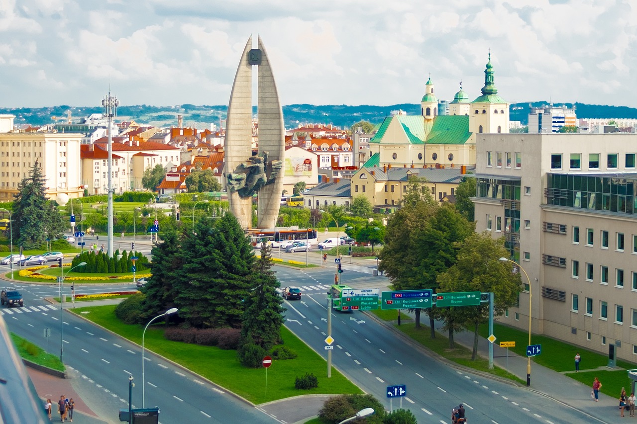 central architecture in town of Rzeszow along train line IC107