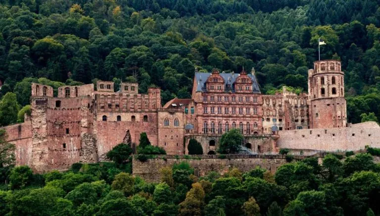 Historic Heidelberg Castle nestled in lush green hills with a forest backdrop