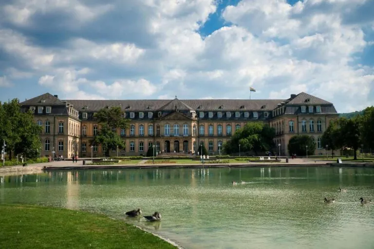 Neues Schloss in Stuttgart with a reflecting pond and geese in the foreground