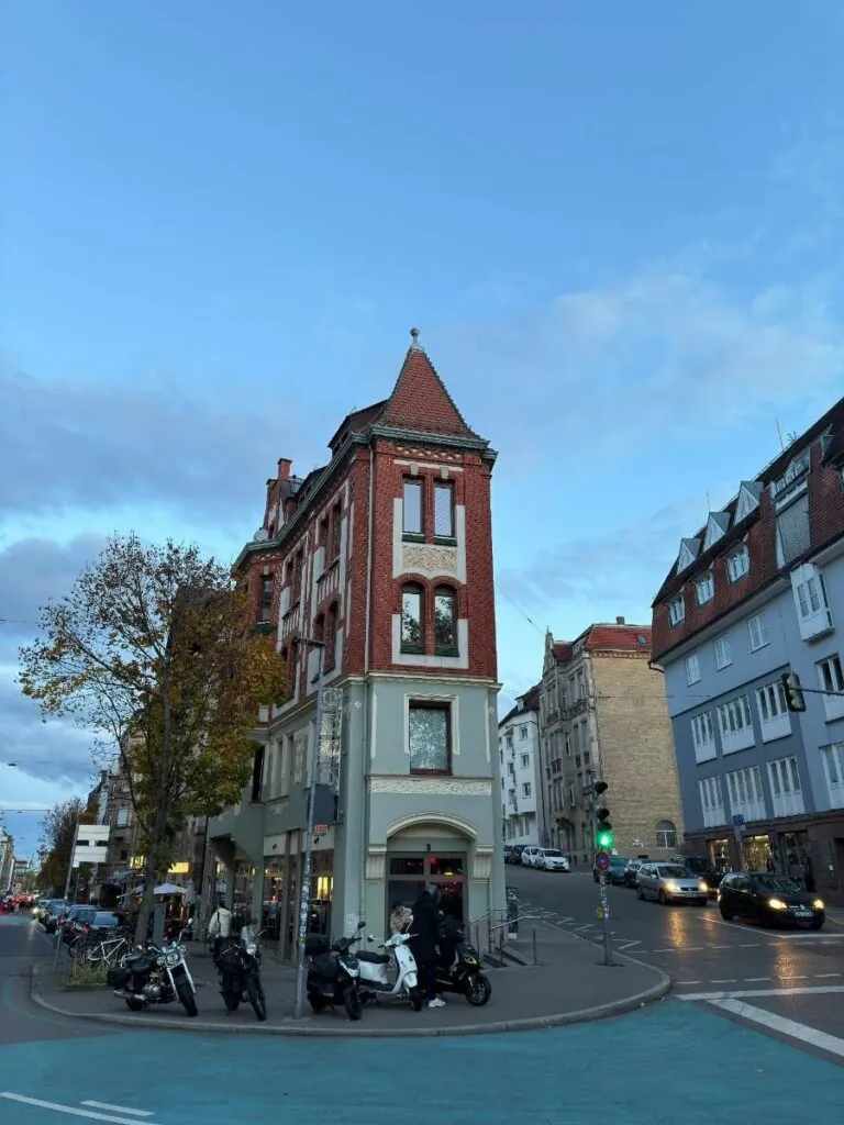 Vibrant street in Stuttgart's old town with multi-colored historic buildings