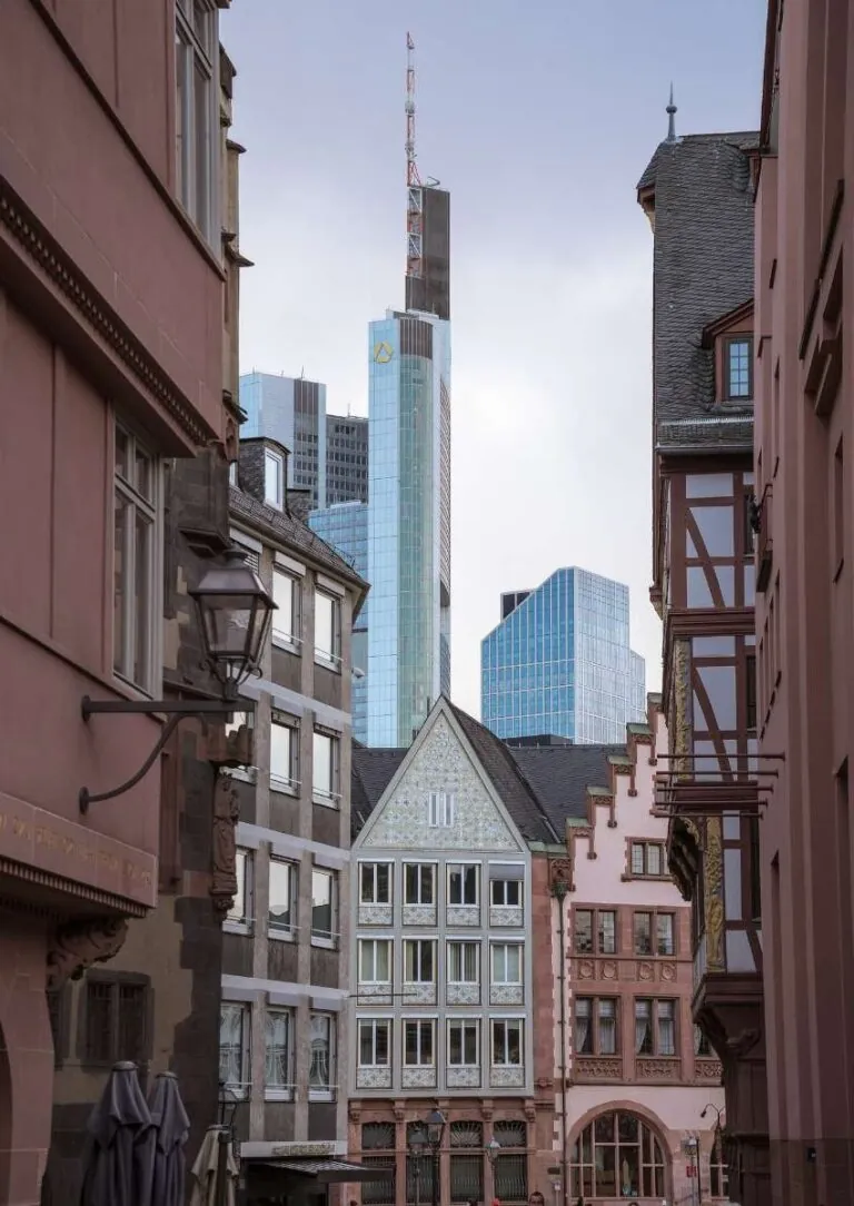 A view of Frankfurt's modern skyscrapers seen from a narrow city street