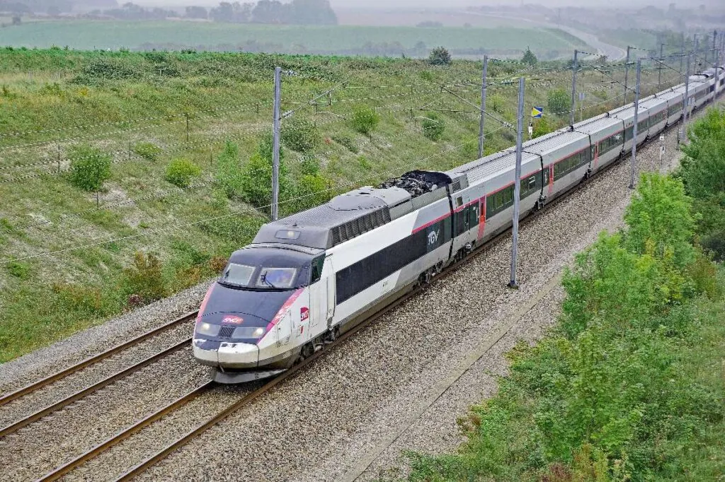 French TGV high speed train driving thorugh the country side