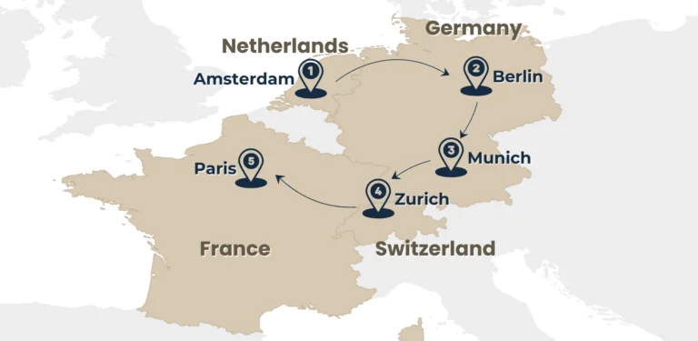 Map highlighting the GRand Capitals European tour route from Amsterdam to Paris via Berlin, Munich and Zurich by Rail Escape