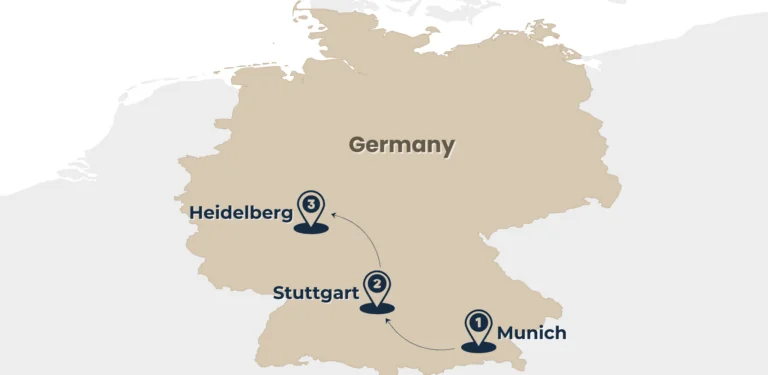 map of tour German Castlyes from Munich to Stuttgart to Heidelberg by Rail Escape