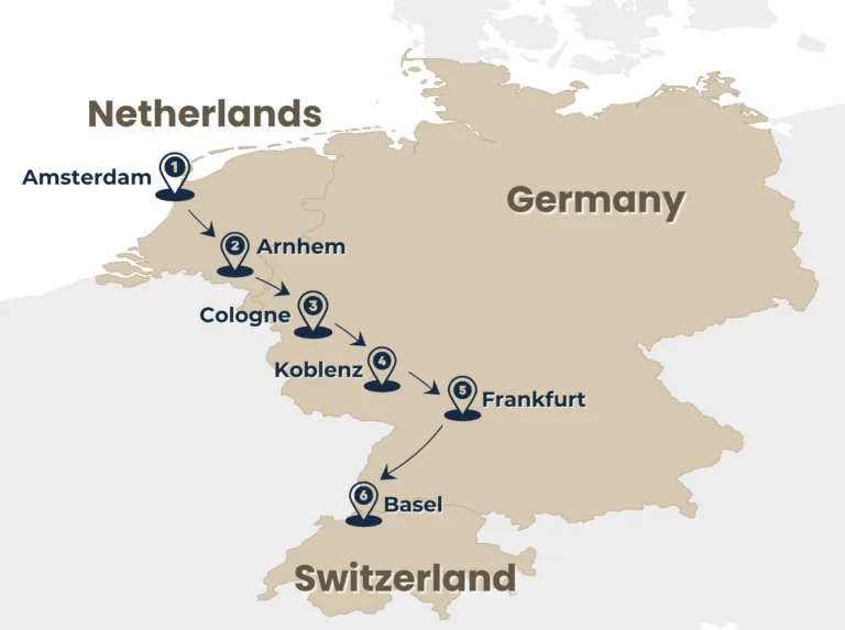 map of rhine valley tour from amsterdam via arnhem, cologne, koblenz, frankfurt and optional to basel by rail escape